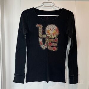 Lucky Brand Black Long Sleeve Tee with Love Graphic